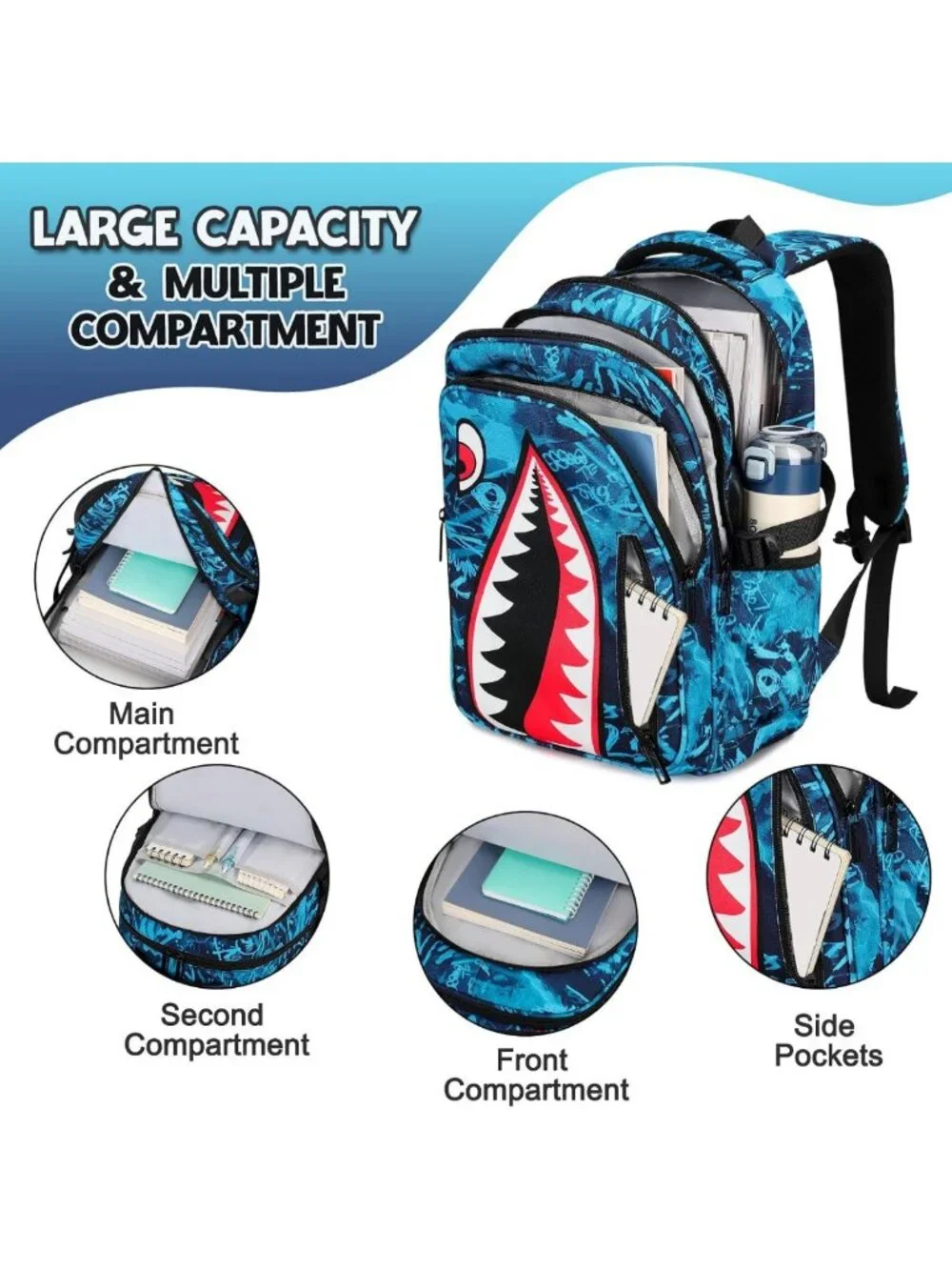 Cool Luminous Shark Backpack Set for Boys with Lunch Box - 3PCS Adventure Gear